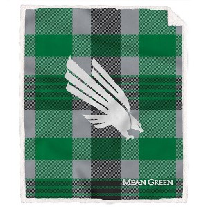 NCAA North Texas Mean Green Plaid Steel Royal Plush Faux Shearling Blanket - 1 of 2