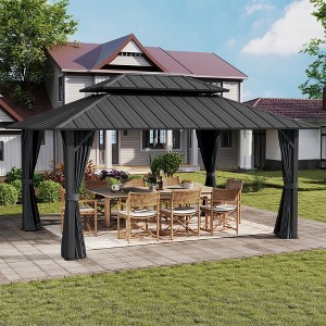 HAPPATIO Outdoor Hardtop Gazebo, Double Galvanized Steel Roof Gazebo with Aluminum Frame, Curtains and Netting - 1 of 4