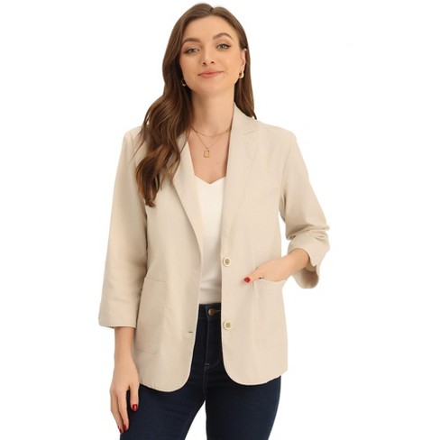 Allegra K Women's Linen Notched Lapel Collar 3/4 Sleeve Causal Jacket  Blazer Beige X-Small