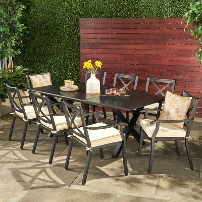 Christopher Knight Home Exuma Outdoor Cast Aluminum 9 Piece Expandable Dining Set with Cushion, Black/Ivory