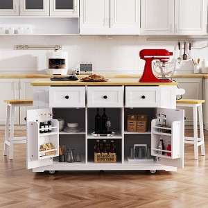 YOOCOZZ 3-Piece Rolling Kitchen Island Set with 2 Bar Stools, Drop Leaf, Power Outlet and Large Storage Space - 1 of 4
