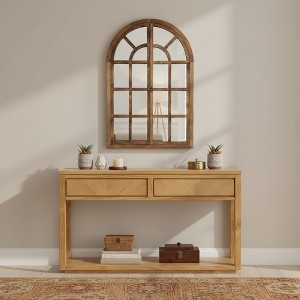 Spassway Entryway Console Table with Window-Pane Mirror Set 2 Drawers Storage Table With Open Shelf Decorative Rustic Mirror for Hallway Living Room - 1 of 4