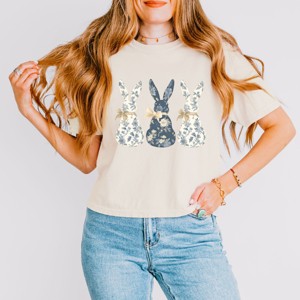 Three Blue Willow Bunnies - Women's Boxy Crop Top Graphic T-Shirt - 1 of 4