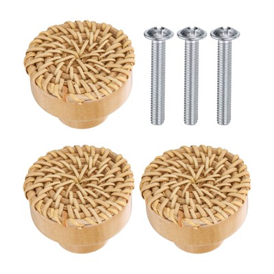 Unique Bargains Rattan Wood Handmade Round Dresser Cabinet Knobs with Screws