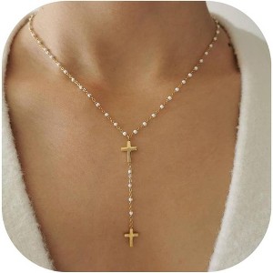 Layered Sideways Cross Necklace 14K Gold Plated Dainty Choker for Women - 1 of 4