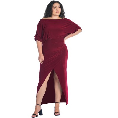 24seven Comfort Apparel Boat Neck Batwing Sleeve Slit Plus Size Maxi Dress-burgundy-2x  : Target