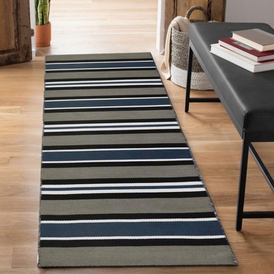 Navy and Gray Striped Synthetic Flat Woven Rug