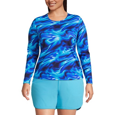 Lands' End Women's Crew Neck Long Sleeve Rash Guard UPF 50 Swim Tee -  Medium - Electric Blue Multi/Swirl