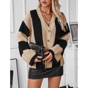 Women's Colorblock Lightweight Cardigan Sweaters Button Down Bell Sleeve Knit Outerwear - 1 of 4