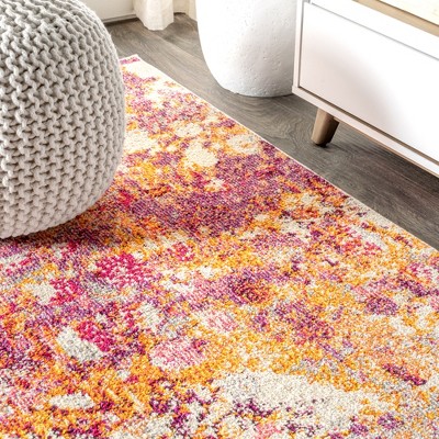 Pink and Orange Abstract Synthetic Area Rug, 4 x 6 ft