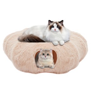 ELJGET Cat Tunnel with Cat Bed – Soft Plush Peekaboo Donut Tunnel Cave for Indoor Cats, Kittens & Rabbits, Gray - 1 of 4