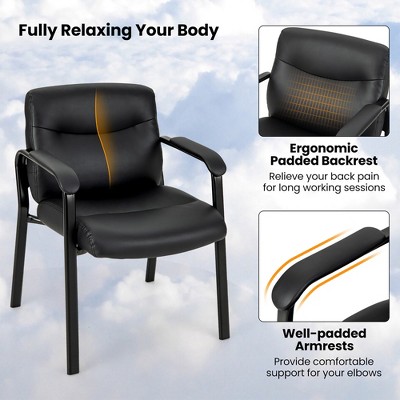 Black Leather and Metal Office Guest Chairs with Fixed Arms, Set of 2