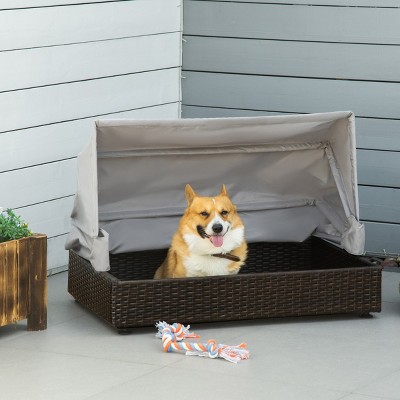 Rattan Elevated Dog Cot with Canopy,Outdoor Wicker Pet Bed with Cushion for Small To Medium Dogs,Adjustable Roof–LAOTIES