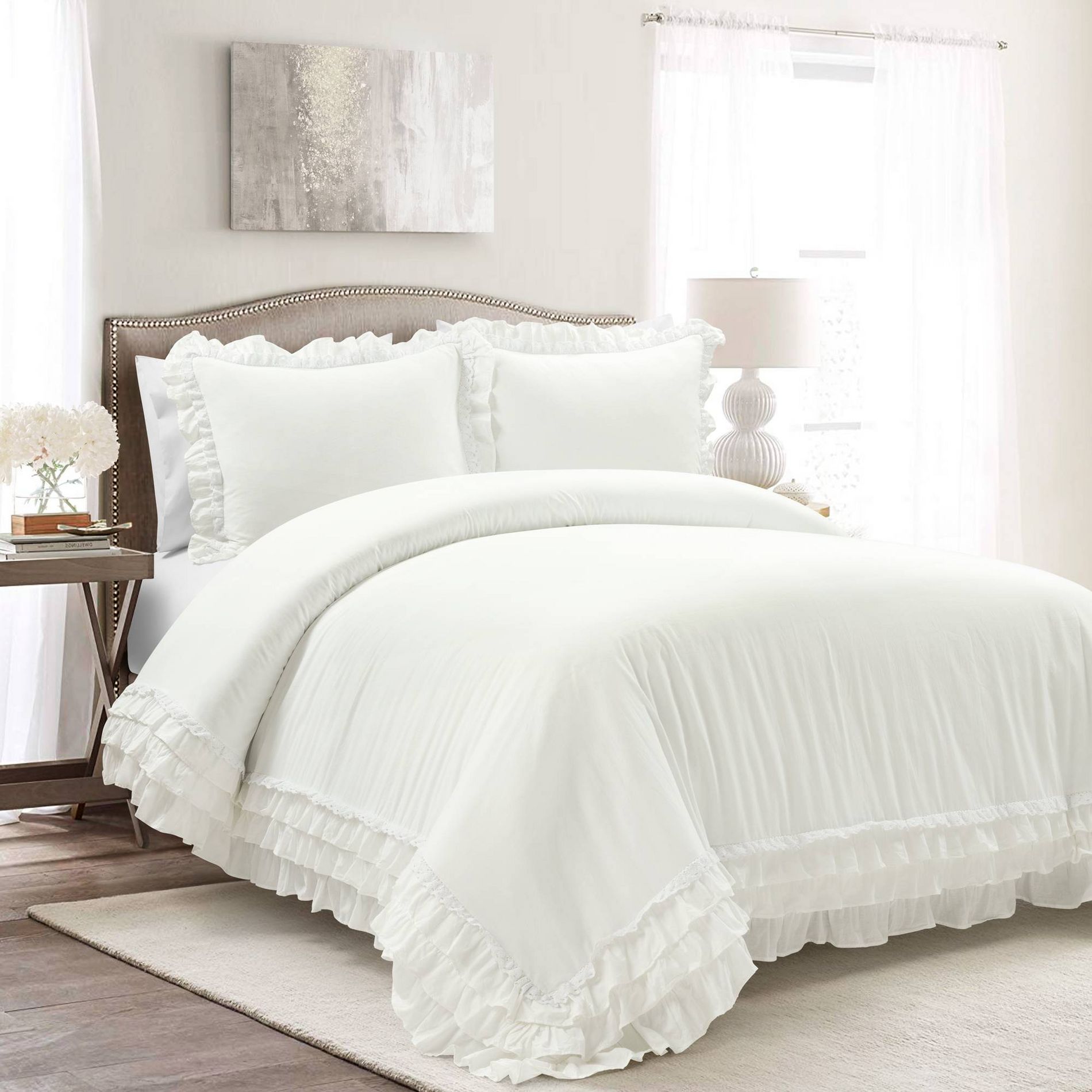 Lush Décor 3pc Full/Queen Ella Ruffle Duvet Bedding Set White: Cotton Comfort, Machine Washable, No Fill