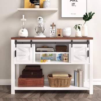 Whizmax Entryway Table with Sliding Barn Doors, Sofa Table with Storage,Farmhouse & Industrial Console Table with Shelf, White