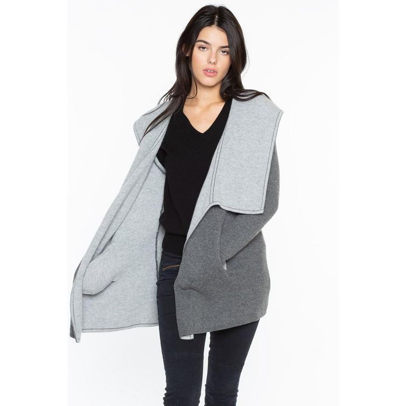 JENNIE LIU Women's 100% Pure Cashmere Long Sleeve 2-tone Double Face Cascade Open Cardigan Sweater, 3 of 5