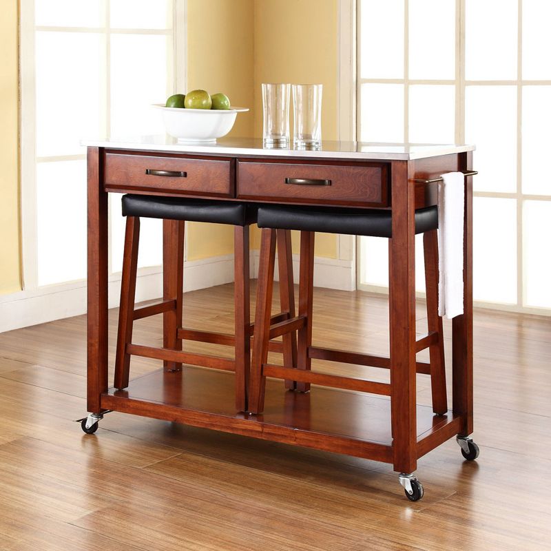 Stainless Steel Top Kitchen Prep Cart with 2 Upholstered Saddle Stools Cherry - Crosley, 4 of 12