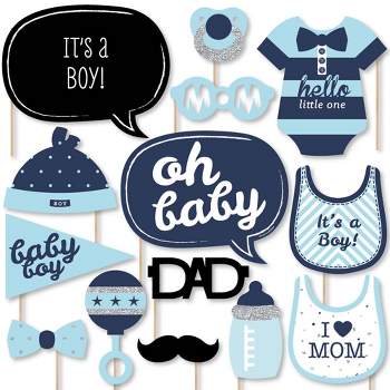 Big Dot of Happiness Hello Little One - Blue and Silver - Boy Baby Shower Photo Booth Props Kit - 20 Count