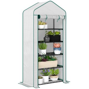 Outsunny 5 Tier Mini Greenhouse with Reinforced PE Cover, Small Portable Greenhouse with Roll-Up Zippered Door, White - 1 of 4