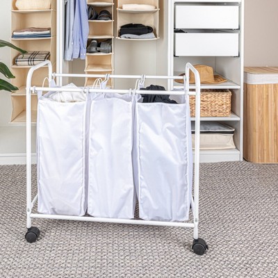 White Steel Frame Triple Laundry Sorter with Wheels