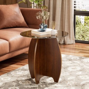 PAKASEPT Round Coffee Table with Wood Legs, 19.6" Glass Coffee Tables for Living Room Rustic Circle Center Cocktail Table with Tempered Glass-Top - 1 of 4