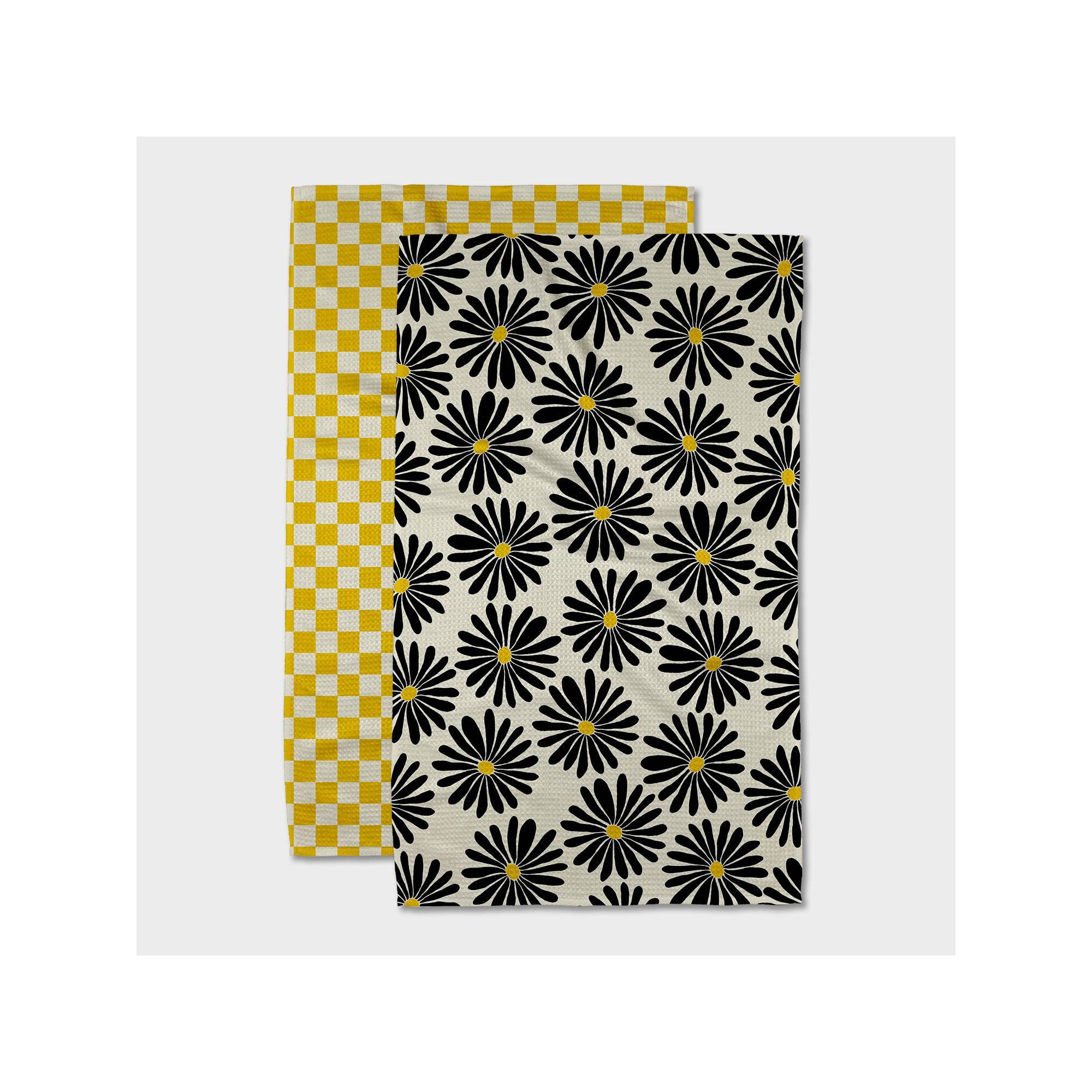 Geometry Tea Towel Set Zest: Modern Floral & Gingham Check, Quick Dry Microfiber, Off-White/Black/Yellow, 2-Piece Kitchen Textile