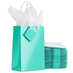 Blue Panda 20-Pack Small Teal Gift Bags with Handles, Tag, and Tissue Paper Sheets for Baby Shower Party Favors, 7.9x5.5x2.5 in - 1 of 4