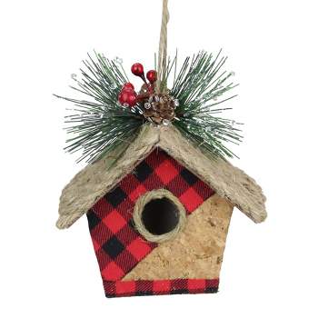 Northlight 5.75" Red and Black Buffalo Plaid Hanging Bird House Christmas Ornament