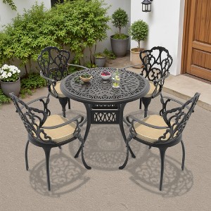 5-Piece Cast Aluminum Outdoor Dining Set with Beige Cushions, Round Table & Ergonomic Chairs - for Patio, Backyard - 1 of 4