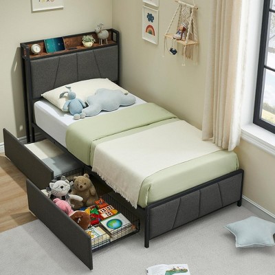 Whizmax Four Size Bed Frame with 2 Storage Drawers and Charging Station, Rustic Linen Upholstered Platform Bed Frame with Storage Headboard, Gray