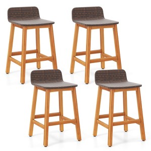 Tangkula Solid Acacia Wood Bar Stools Set of 4 Rattan Bar Height Patio Chairs for Porch - 1 of 4