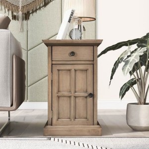 U-Can Classic Vintage Living Room Side Table with USB Ports and a Multifunctional Drawer featuring Cup Holders - 1 of 3