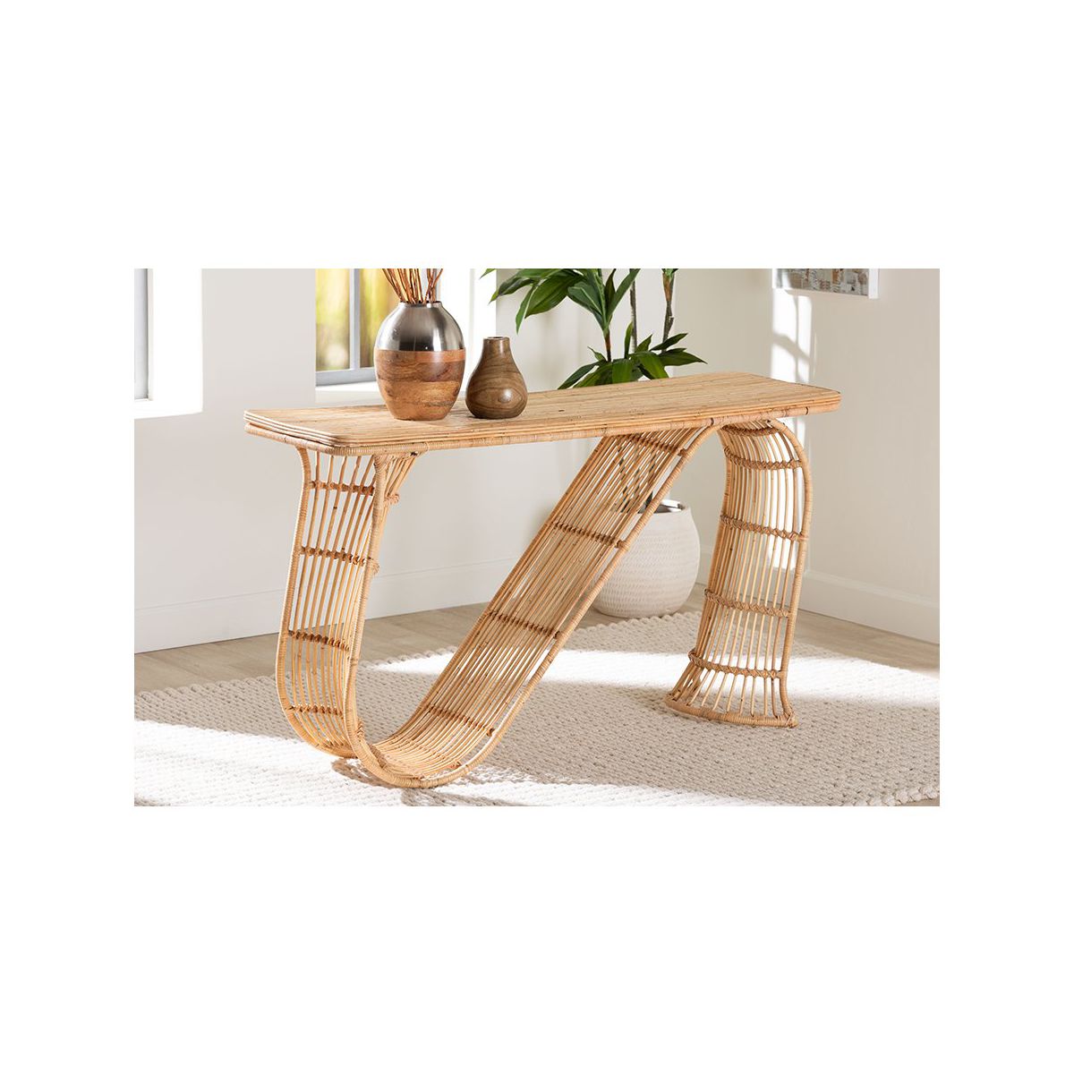 bali & pari,Araceli Rattan S-Curve Console Table, Handwoven Sculptural Accent - thumbnail 8