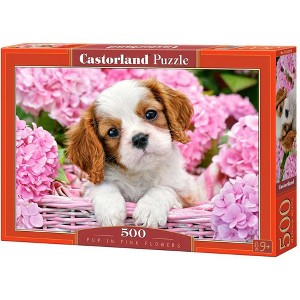 500 Piece Jigsaw Puzzle, Pup in Pink Flowers, Animal puzzle, Dog puzzle; Puppies, Cute dog, Adult Puzzles, Castorland B-52233 - 1 of 4