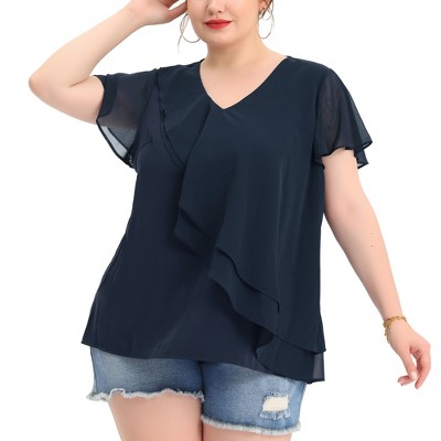 Unique Bargains Women's Plus Size Blouse Round Neck Work Ruffle Chiffon Tops  