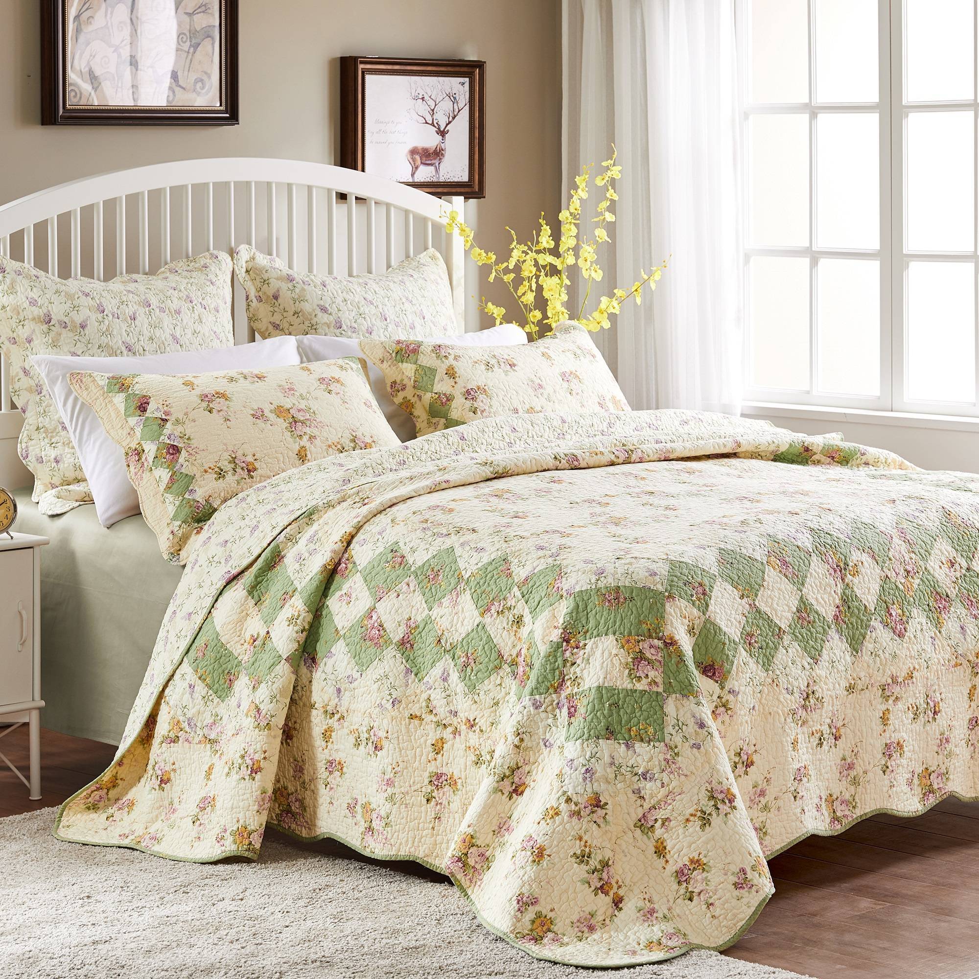 Greenland Home Fashions 3pc Full/Queen Bliss Quilt Set Ivory: Cotton Microfiber Bedding, Includes 2 Shams