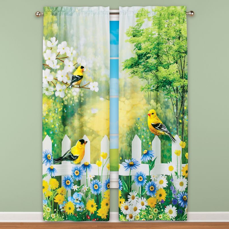 Collections Etc Birds on Fence Colorful Spring Scene Window Curtains, Single Panel, 35" WIDE, 2 of 3