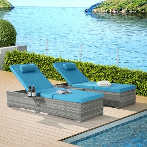 JUJABU Outdoor Rattan Chaise Lounges Set of 2 with Side Table, Adjustable Backrest and Cushions - 1 of 4