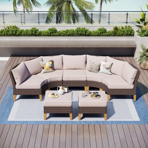 Captiva Designs 7pc Outdoor Wicker Rattan Patio Half-Moon Curved Sectional Sofa Set with Cushioned Ottoman - 1 of 4