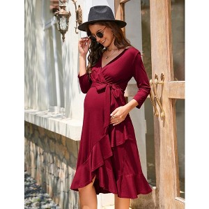 YesFashion Women's Maternity Dress Ruffle Hem V Neck 3/4 Sleeve Midi Dress for Photography Babyshower - 1 of 4