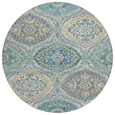 Teal Blue Fern Green And Beige Floral Washable Indoor Outdoor Area Rug