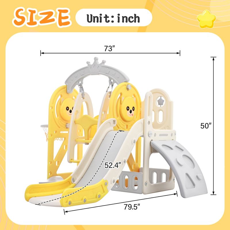 5-in-1 Kids Slide, Playground Freestanding Climber and Toddler Slide Swing Playset with Basketball Hoop - ModernLuxe, 3 of 13