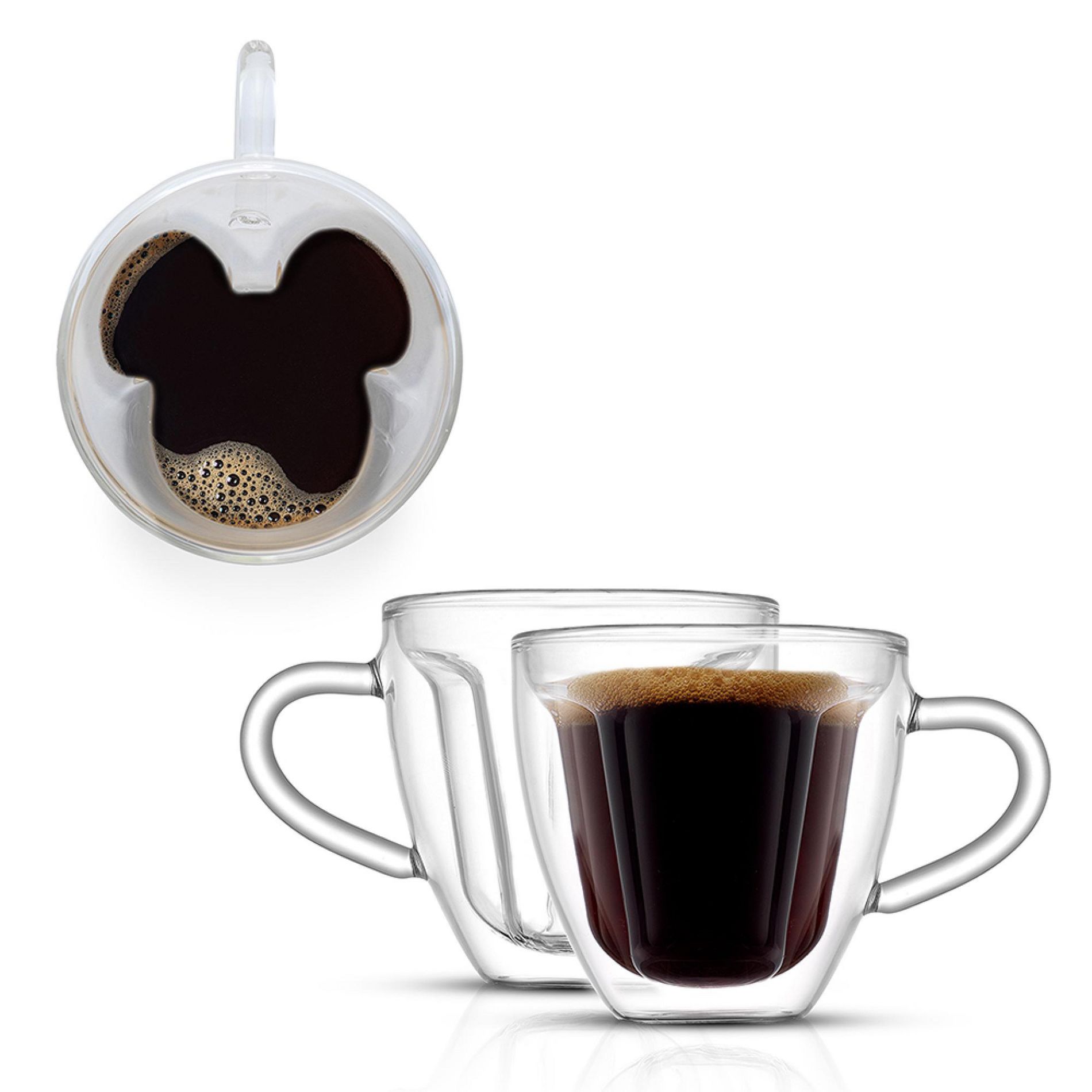 JoyJolt Disney Mickey Mouse 3D Espresso Cups - Set of 2 Double Wall Glass Coffee Cups  - 5.4 oz