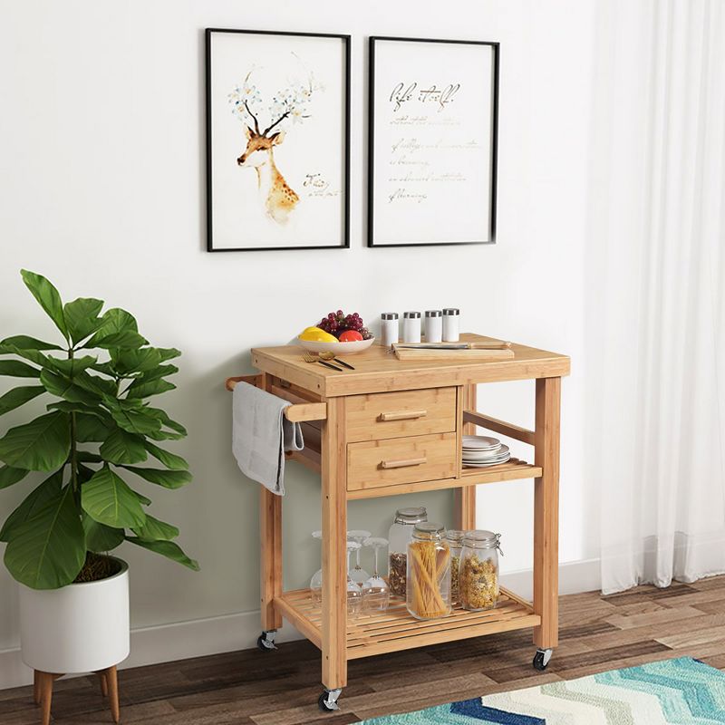 Costway Bamboo Kitchen Trolley Cart Wood Rolling Island w/ Tower Rack & Drawers, 3 of 11