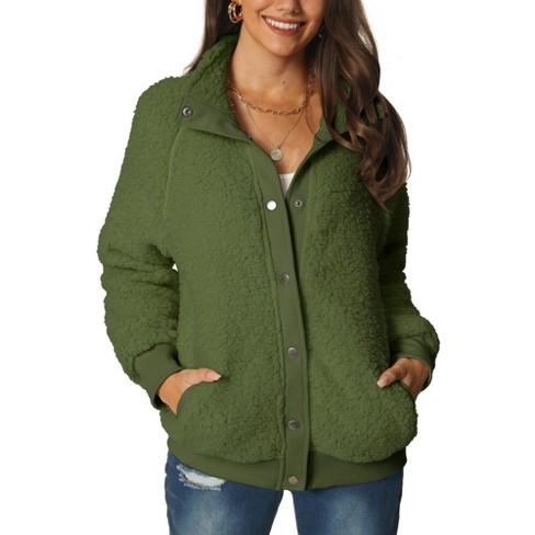 Seta T Women's Fluffy Fleece Two Pockets Long Sleeve Button Front Closure  Casual Jacket Army Green X-large : Target