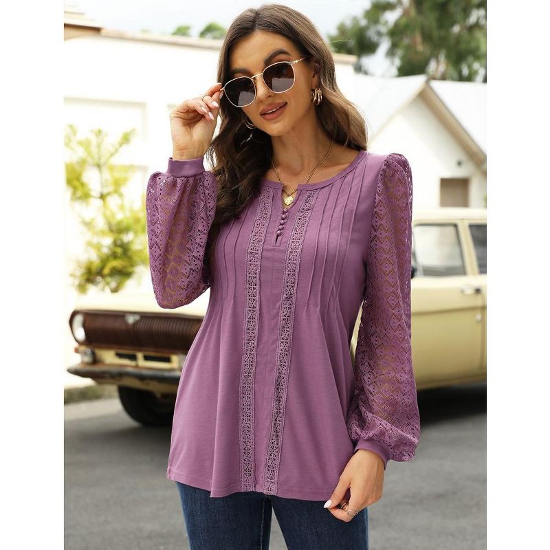 Women’s Crewneck Lace Crochet Eyelet Tops Long Sleeve Pleated T Shirts Casual Tunic Blouses, 4 of 7