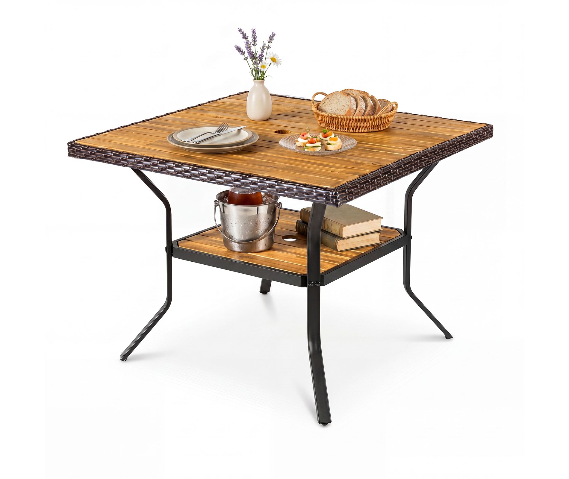 Gymax 37" Square Outdoor Dining Table w/Acacia Wood Tabletop 2" Umbrella Hole for Deck
