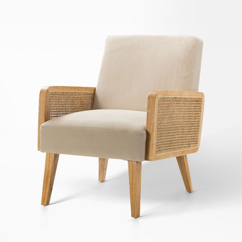 Chloé Cane Arm Chair with Wood Base Living Room Upholstered Accent Chair with Rattan Armrest | Karat Home, 1 of 12