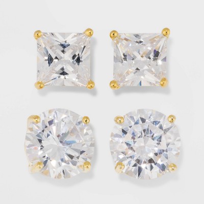 Gold Over Sterling Silver Princess and Round Cubic Zirconia Stud Earring Set 2pc - A New Day™ Gold/Clear