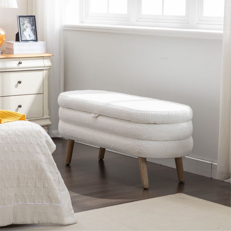 Boucle Storage Bedroom Bench,Indoor Oval Storage Bench with Solid Wood Legs-Maison Boucle, 2 of 10